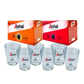 Picture of Segafredo Zanetti 150 Dolce Gusto compatible coffee capsules and 6 glass cups