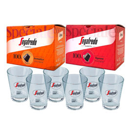Picture of Segafredo Zanetti 200 Nespresso-compatible coffee capsules and 6 glass cups