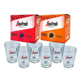 Picture of Segafredo Zanetti 200 Lavazza A Modo Mio compatible coffee capsules and 6 glass cups